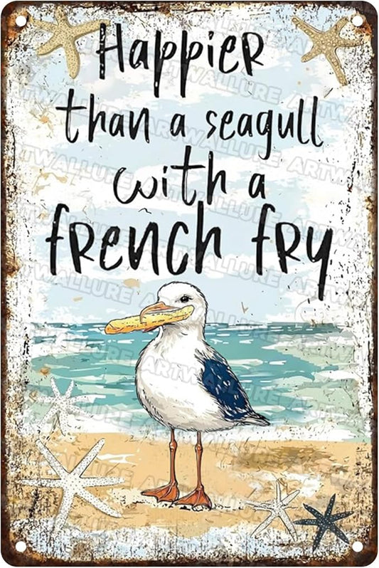 Metal Tin Sign Poster Funny Wall Art Seagull With French Fry Plaque Retro Decor For Beach Lovers Coastal Home Lake House Poolside Nautical Bar 8x12 Inch