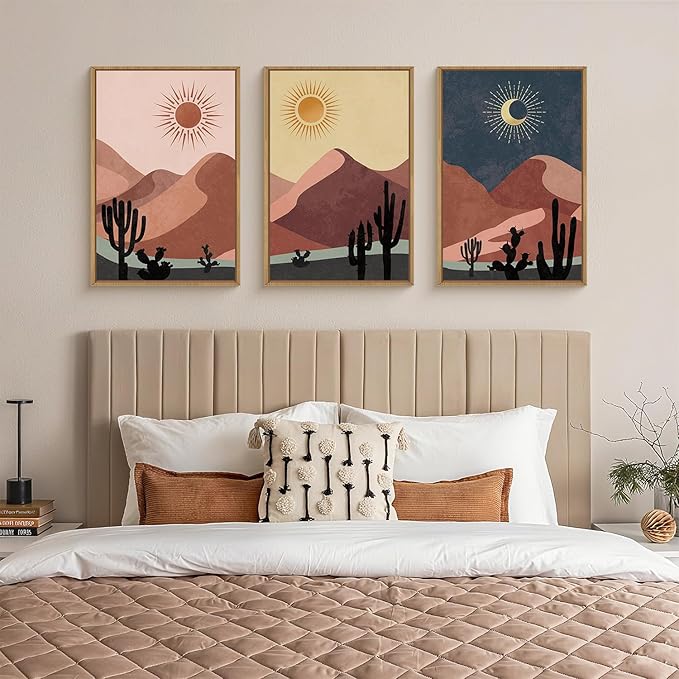 HPNIUB Boho Desert Framed Canvas Wall Art Set, Abstract Sun Moon Art Prints, Modern Cactus Paintings Artwork, Mid Century Southwestern Landscape Wall Decor for Living Room, Bedroom, Office-16 x24 x3