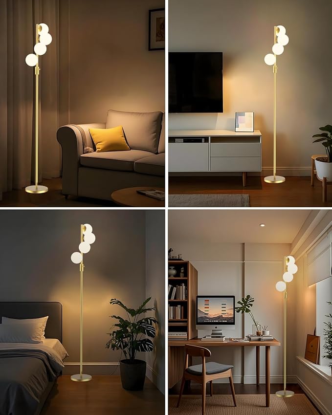 Lightdot 64IN Dimmable Globe Floor Lamp, Gold Standing Lamps with 4PCS 3000K Bulbs Warm White, Mid Century Modern Floor Lamp with 5Lbs Heavy Base for Living Room/Bedroom/Sofa Beside/Corner Decor