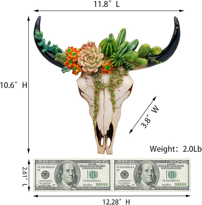 alikiki Rustic Western Home Decor - Tribal Wall Decor Western Long Horn Bull Skull Wall Decor Cow Buffalo Skull Bison Animal Head Wall Hanging Wall Arts w/Succulents for Bedroom Living Room Cold Cast Resin Figurines