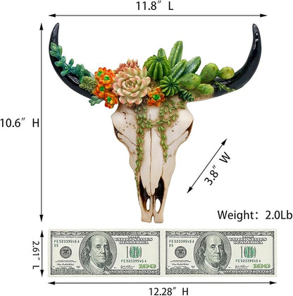 alikiki Rustic Western Home Decor - Tribal Wall Decor Western Long Horn Bull Skull Wall Decor Cow Buffalo Skull Bison Animal Head Wall Hanging Wall Arts w/Succulents for Bedroom Living Room Cold Cast Resin Figurines