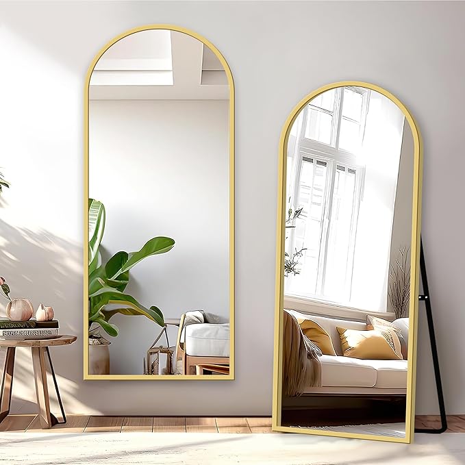 GlasFlength Full Length Mirror with Stand, 64"x21" Arched Full Body Mirror with Aluminum Alloy Frame, Wall-Mounted/Leaning Against Wall/Standing Floor Mirror for Bedroom, Living Room, and Entryway