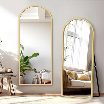 GlasFlength Full Length Mirror with Stand, 64"x21" Arched Full Body Mirror with Aluminum Alloy Frame, Wall-Mounted/Leaning Against Wall/Standing Floor Mirror for Bedroom, Living Room, and Entryway