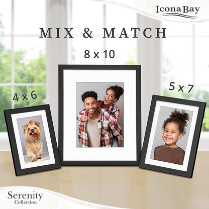 Icona Bay 5x7 Picture Frames w/Removable Mat for 4x6 Photos (Black, 10 Pack), Sleek Modern Style Frames, Table Top or Wall Mount, Serenity Collection