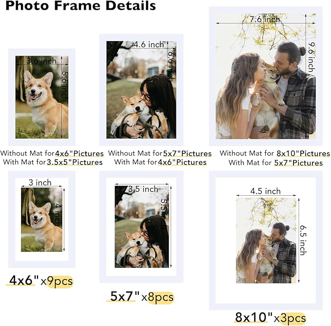 20 Packs Picture Frames Collage Wall Decor for Wall Hanging or Tabletop Display, Gallery Wall Frame Set for Family, Multi Sizes Photo Frames Collage Including 3Pcs 8x10, 8Pcs 5x7, 9Pcs 4x6, White