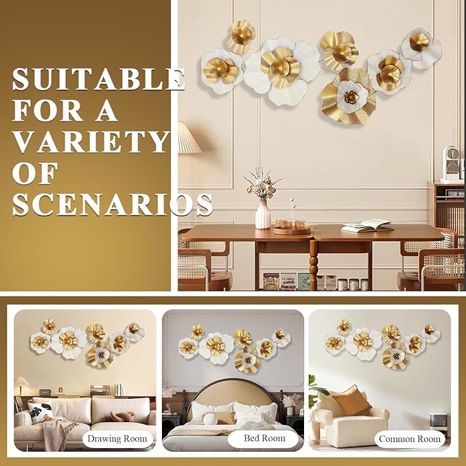 White Gold Abstract Wall Decor - Modern Metal Wall Sculptures, Large 3D Vertical 49"*25" Flower Wall Decor for Living Room, Dining Room, Bedroom
