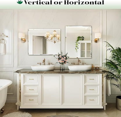 Rectangle Frameless Bathroom Wall Mirror, 40"x32" Beveled Large Framless Mirror for Wall, Bathroom Vanity Mirrors for Over Sink, Bedroom, Living Room Hangs Horizontally or Vertically