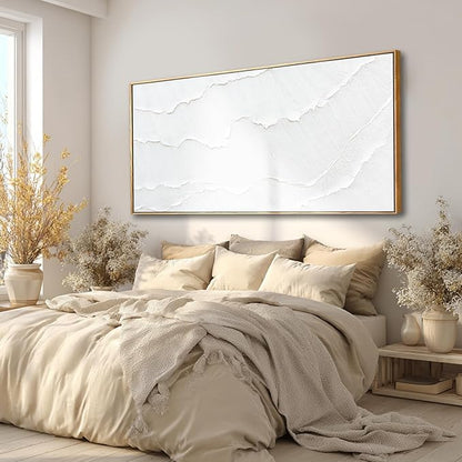 Contemporary White Abstract Hand-drawn Wall Art with Framed Large Canvas Ocean waves Painting for Living Room Bedroom Above Couch Decor 29"x58"