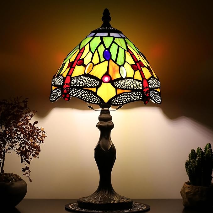 Tiffany Style Lamp Stained Glass Table Lamp 8 x 14.5 Mini Accent Light Yellow Dragonfly Design Small Decorative Bedside Reading Memory Lamp