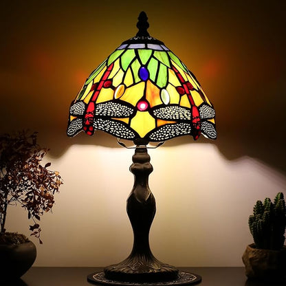 Tiffany Style Lamp Stained Glass Table Lamp 8 x 14.5 Mini Accent Light Yellow Dragonfly Design Small Decorative Bedside Reading Memory Lamp
