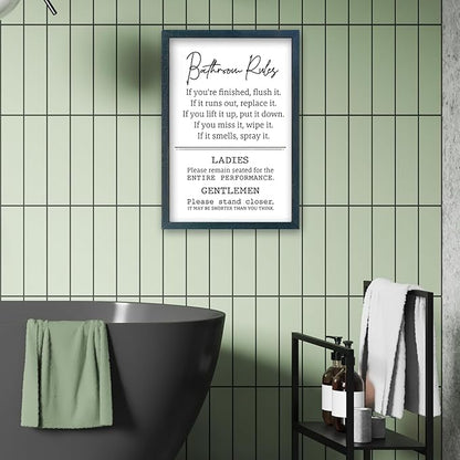 Bathroom Rules Wall Decor 16"×11" Restroom Toile Sign Humor Quotes for Bathroom Humorous Modren Restroom Wood Framed Wall Hanging Art (Black)