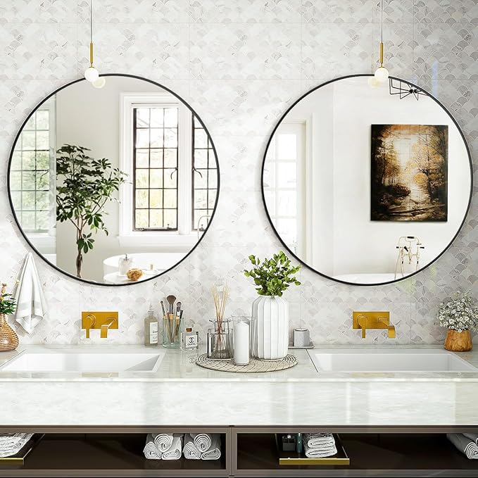 VooBang Black Round Mirror, Small 16" Circle Mirror, Round Wall Mirror with Simple Metal Frame, Modern Round Mirror Hanging for Bathroom, Bedroom, Entryway Wall Decoration, (16" Black)