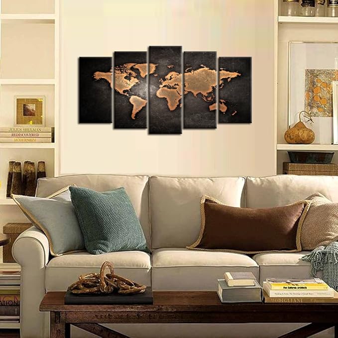 KREATIVE ARTS Retro World Map Poster Framed 5 Pcs Giclee Canvas Prints Vintage Abstract World Map Painting Printed on Canvas Ready to Hang for Living Room Office Decor Gift