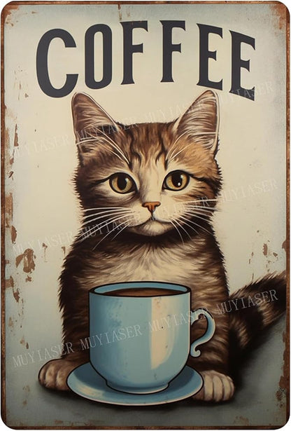 Metal Signs cat coffee retro Sign Vintage Signs Retro Aluminum Tin Sign for Kitchen Office Home Bar Cafe Decor 8x12 Inch