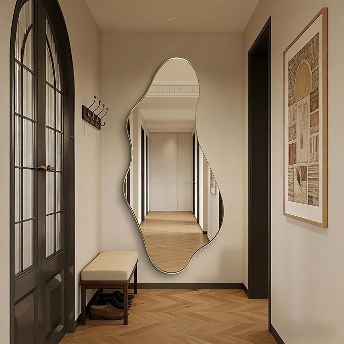 Large Irregular Mirror, 63"x30" Asymmetrical Aesthetic Wall Mirror with Gold Metal Frame, Organic Shaped Mirrors for Living Room Bedroom Hallway Entryway, Horizontal or Vertical Hanging