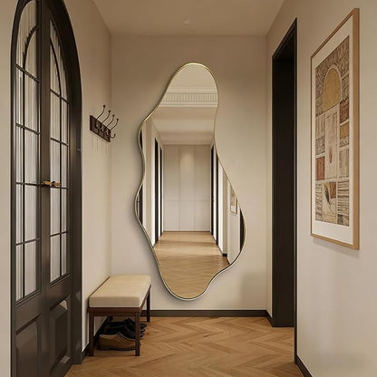 Large Irregular Mirror, 63"x30" Asymmetrical Aesthetic Wall Mirror with Gold Metal Frame, Organic Shaped Mirrors for Living Room Bedroom Hallway Entryway, Horizontal or Vertical Hanging