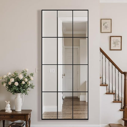 Anpark Windowpane Mirror Full Length 71""x30"" Wall Mounted Art Pane Mirror Farmhouse Decorative Floor Mirror Leaning Hanging Wall Mirror for Bedroom Living Room Entrance, Black