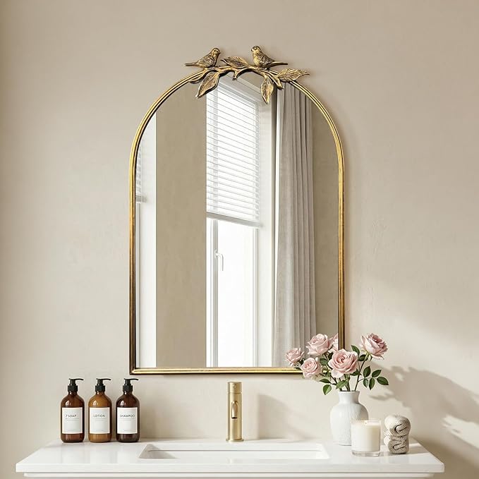 Gold Baroque Vintage Mirror for Vanity 24x35Inch Gold Antique with Ornate Frame, Arched Vintage Wall for Bathroom, Living Room, Fireplace, Entryway