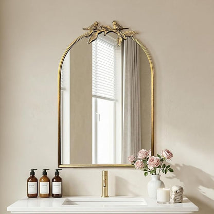 Gold Baroque Vintage Mirror for Vanity 24x35Inch Gold Antique with Ornate Frame, Arched Vintage Wall for Bathroom, Living Room, Fireplace, Entryway