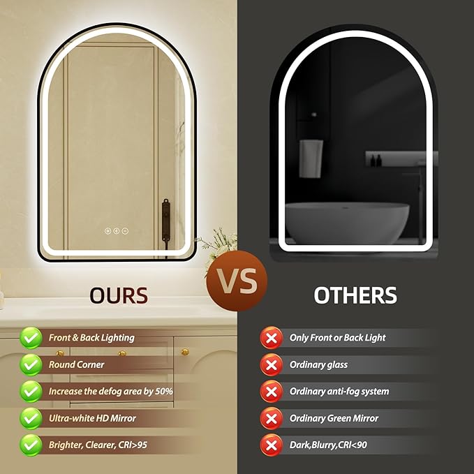 24x36 Inch Arched Black Framed LED Bathroom Mirror with Lights, Built-in Bluetooth Speaker,Tempered Glass,Dimmable Lighted Bathroom Vanity Mirror with 3 Colors, Backlit + Frontlit, Memory, Anti-Fog