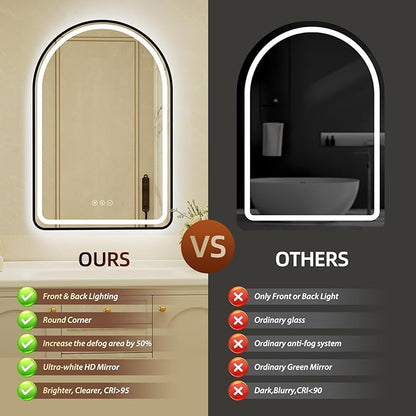 24x36 Inch Arched Black Framed LED Bathroom Mirror with Lights, Built-in Bluetooth Speaker,Tempered Glass,Dimmable Lighted Bathroom Vanity Mirror with 3 Colors, Backlit + Frontlit, Memory, Anti-Fog