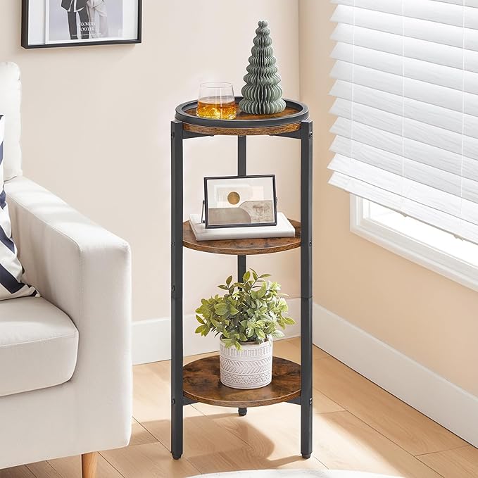 HOOBRO Small Round Side Table, 3-Tier Tall Coffee Drink Table for Sofa Couch, 28.7" H Slim Nightstand, Circle Accent End Table for Living Room, Corner, Bedroom, Rustic Brown BF182BZ01