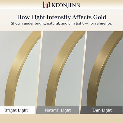 Keonjinn 32 Round LED Mirror for Bathroom with Lights, 3 Color Lights Gold Metal Framed Frontlit, Circular Wall Vanity Mirror Dimmable Makeup Mirror Anti Fog UL Listed CRI≥90