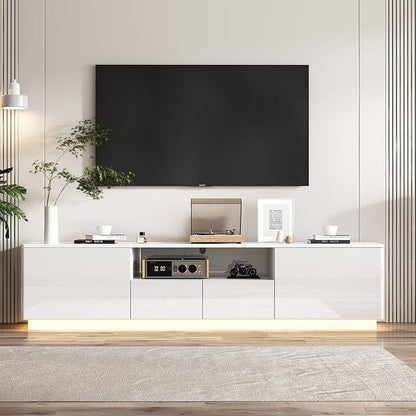 70” LED TV Stand, High Gloss TV Stand with Lights, Modern Glossy Media Console with 4 Drawers & Open Shelf, Entertainment Center for Living Room White, 14.5”D x 70.8”W x 17.3”H