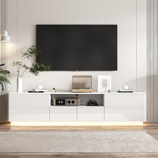 70” LED TV Stand, High Gloss TV Stand with Lights, Modern Glossy Media Console with 4 Drawers & Open Shelf, Entertainment Center for Living Room White, 14.5”D x 70.8”W x 17.3”H
