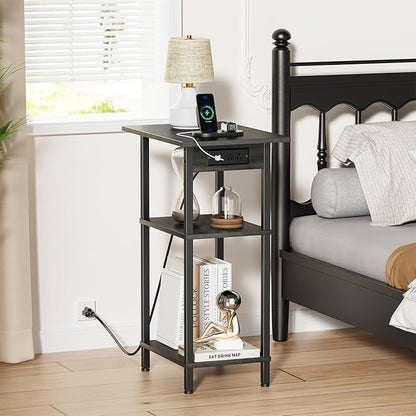 Asgolion Tall End Table with Charging Station, Skinny Nightstand with USB Ports and Outlets, 3 Tier Narrow Side Table with Storage for Bedroom, Living Room, Office, Carbon Gray
