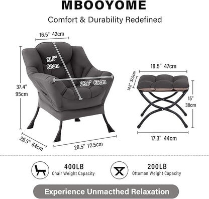 MBOOYOME Lazy Chair with Ottoman, Modern Accent Lounge Armchair with Armrests and a Side Pocket & Foldable Footstool, Leisure Reading Chair for Living Room, Bedroom, Dorm & Office, Dark Grey