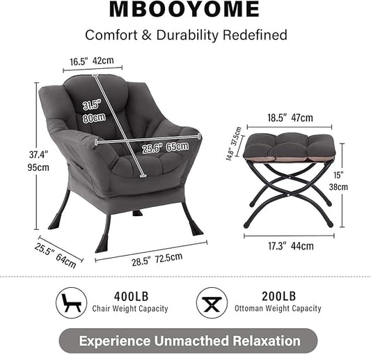 MBOOYOME Lazy Chair with Ottoman, Modern Accent Lounge Armchair with Armrests and a Side Pocket & Foldable Footstool, Leisure Reading Chair for Living Room, Bedroom, Dorm & Office, Dark Grey