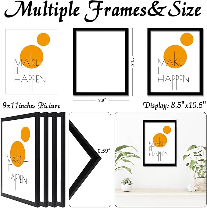 9x11 Picture Frame Set of 4, Black 9 x 11 Frame High Transparent Wall Gallery Poster Canvas Photo Frames for 9 by 11 inches