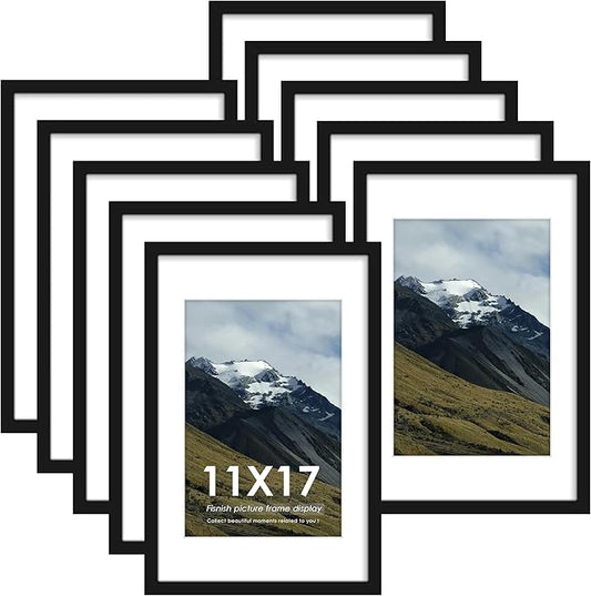 11x17 Picture Frame Sef of 10, Display Pictures 8x12 with Mat or 11 x 17 Without Mat, Photo Frame Collage for Wall Gallery Decor, Wall Mounted, Black