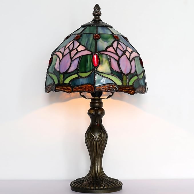 Tiffany Style Lamp Stained Glass Table Lamp 8" x 14.5" Mini Accent Light Pink Tulip Design Small Decorative Bedside Bedroom Living Room Memory Lamp