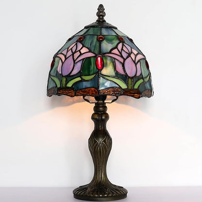 Tiffany Style Lamp Stained Glass Table Lamp 8" x 14.5" Mini Accent Light Pink Tulip Design Small Decorative Bedside Bedroom Living Room Memory Lamp