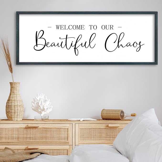 FZMHASLWW Welcome To Our Beautiful Chaos Sign Wall Decor 32"×12" Family Wooden Plaque for Living Room Entryway Hanging Wall Art (Black)