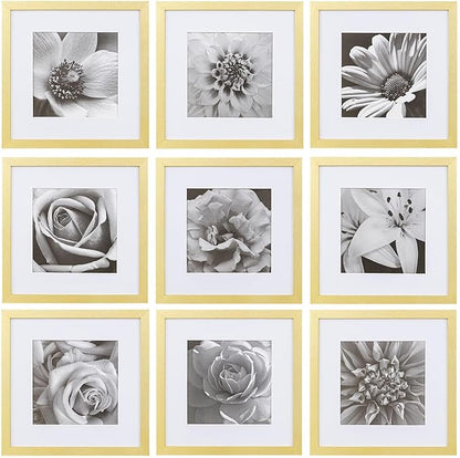 eletecpro 12x12 Picture Frames Set of 9 with Clear Acrylic Cover, Display 8x8 Photos with Mat or 12x12 Without, Classic and Sturdy Square Collage Gallery Wall Decor, Easy Wall Mount, Gold