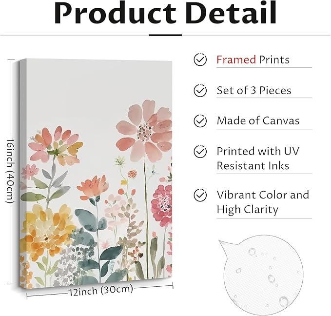 Watercolor Wildflower Wall Art Decor Colorful Flower Pictures Canvas Floral Botanical Wall Art Vintage Prints Poster Floral Painting Artwork for Living Room Bedroom 12x16 Inch Framed Set of 3