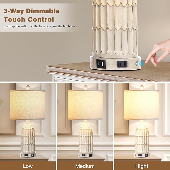 Cinkeda Farmhouse Table Lamps Set of 2, 3-Way Dimmable Touch Lamp for Bedroom Nightstand with USB A+C Ports & AC Outlet, White Vintage Boho Bedside Lamp for Living Room End Table (Bulbs Included)