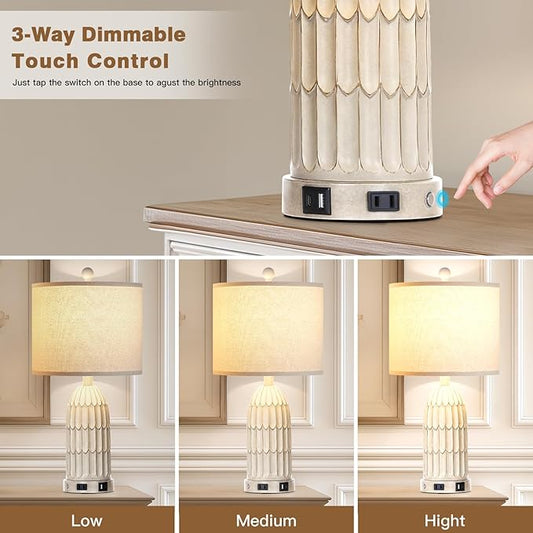 Cinkeda Farmhouse Table Lamps Set of 2, 3-Way Dimmable Touch Lamp for Bedroom Nightstand with USB A+C Ports & AC Outlet, White Vintage Boho Bedside Lamp for Living Room End Table (Bulbs Included)