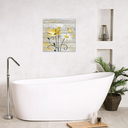 HVEST Farmhouse Yellow Floral Wall Art for Bathroom, Retro Daisy and Butterfly on Rustic Wood Canvas Wall Art Nature Flower Pictures for Living Room Bedroom Apartment Wall Decor,12L X 12W inches