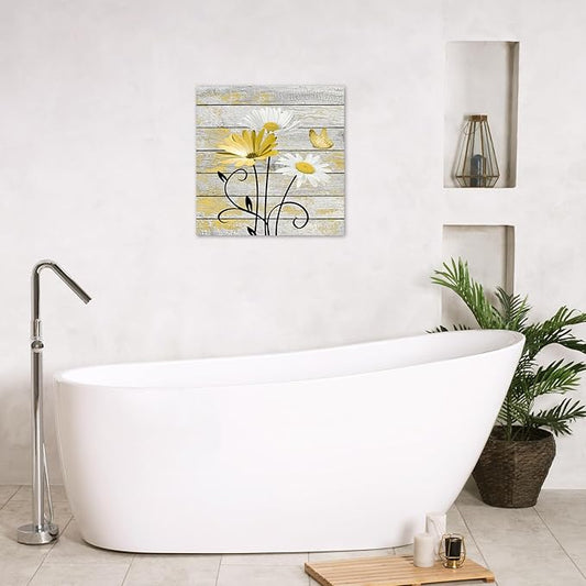 HVEST Farmhouse Yellow Floral Wall Art for Bathroom, Retro Daisy and Butterfly on Rustic Wood Canvas Wall Art Nature Flower Pictures for Living Room Bedroom Apartment Wall Decor,12L X 12W inches