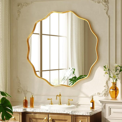 24 Inch Scalloped Round Wall Mirror, Gold Wavy Edge Frame Circle Mirror for Bathroom, Bedroom, Entryway, Living Room for Wall Decor