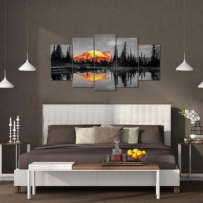 LevvArts 5 Piece Nature Canvas Wall Art Sunrise on Mount Rainier Landscape Picture Prints on Canvas Tipsoo Lake Artwork USA Scenery Poster Stretched and Framed Home Decor Ready to Hang (Large)