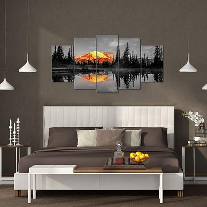LevvArts 5 Piece Nature Canvas Wall Art Sunrise on Mount Rainier Landscape Picture Prints on Canvas Tipsoo Lake Artwork USA Scenery Poster Stretched and Framed Home Decor Ready to Hang (Large)