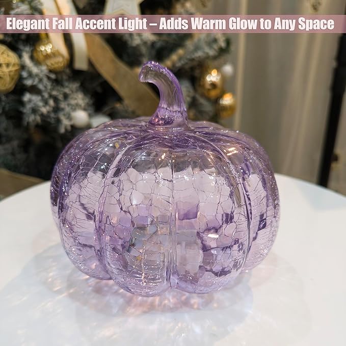 Handcrafted Lavender Crackle Glass Pumpkin Light, LED Battery Operated Table Décor with 6H Timer, Twinkle & Steady Modes, Elegant Fall & Holiday Decoration
