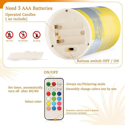 ALAZA Grey and Yellow Abstract Art Painting Flickering Flameless Candles Battery Operated with Remote Timer,Tea Light Candles LED Pillar Votive Candles Set of 2 for Outdoor Indoor Decorations