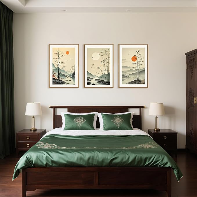 Chinoiserie Bamboo Forest Framed Canvas Wall Art Set, Nature Tree Lakes Wall Decor, Minimalist Zen Landscape Wall Painting, Watercolor Art Prints for Living Room, Bedroom, Office 24"X36"X3