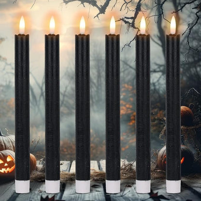 Halloween Flameless Taper Candles with 6 Hour Timer, Battery Operated Black LED Taper Candles Real Wax 3D Wick Flickering Halloween Dinner Table Decor Lights(6 Pack, 0.78” x 9.64”)